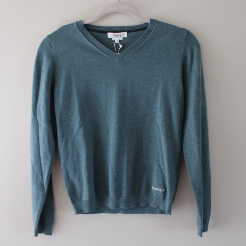 NWT Bonpoint Long Sleeve V‎ Neck Logo Hem Cotton Pullover Sweater Blue 12